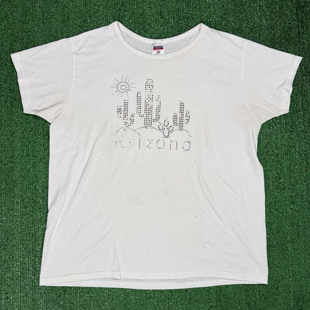 Y2K Jerzees Arizona Cactus Rhinestone Graphic Tee Size Large White